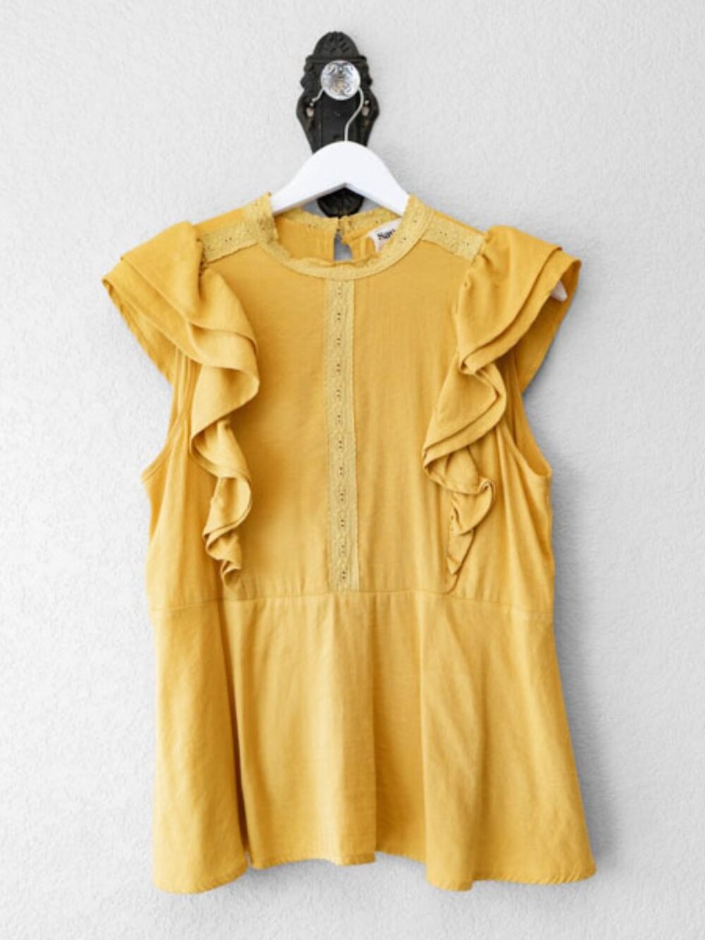Savanna Jane Ruffle Sleeve Top Womens M Mustard Yellow Lace Trim Boho Peplum